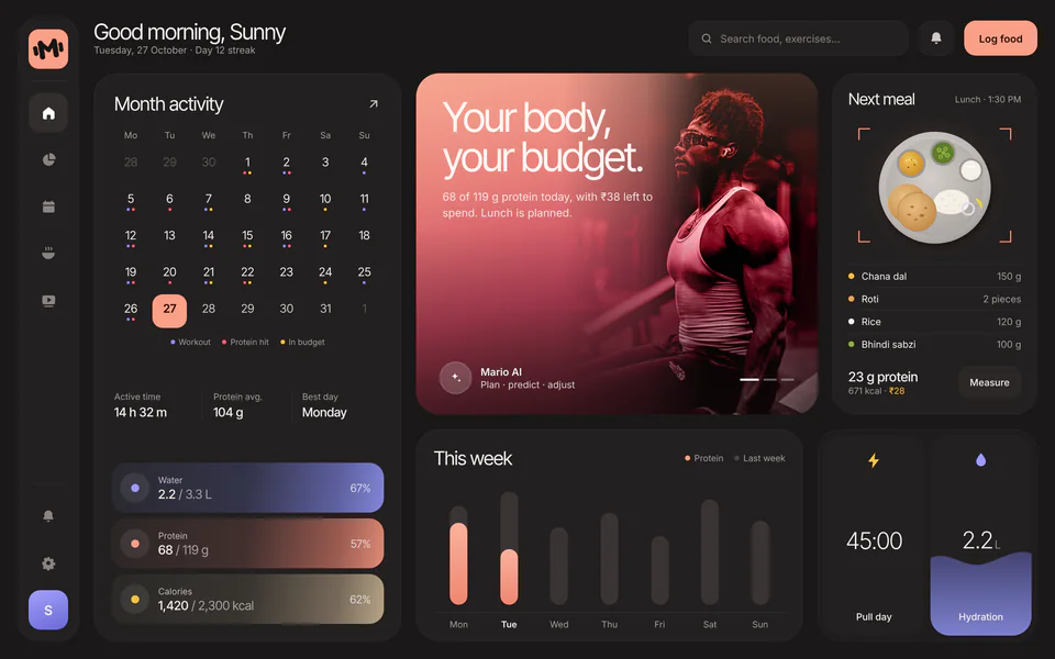 Fit Mario on the web: month activity calendar, the Your body, your budget card, next meal with 23 g protein for ₹28, a weekly protein chart and water, protein and calorie progress.