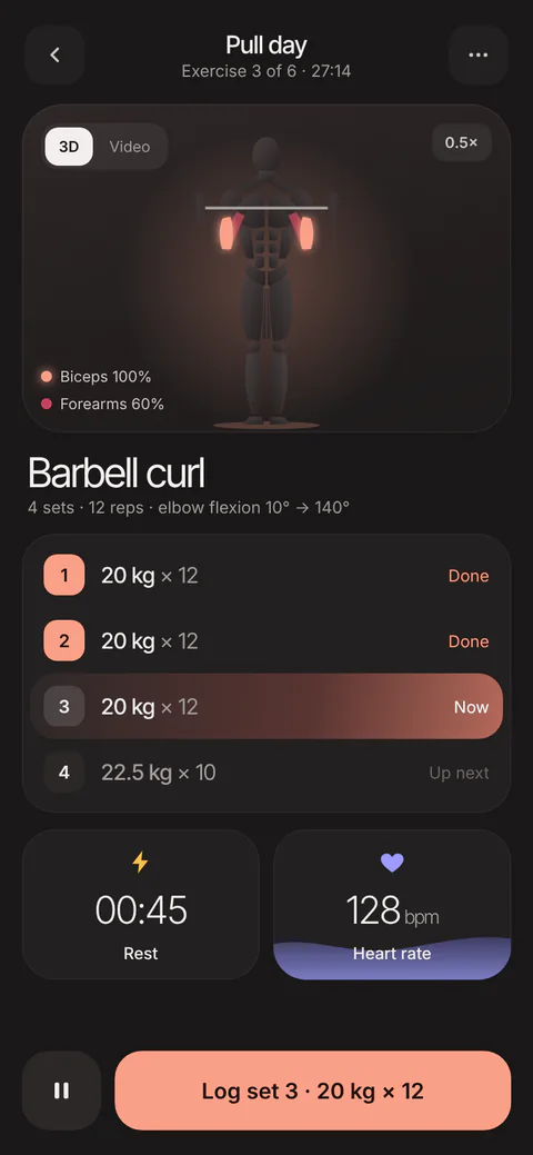Workout screen: barbell curl on a 3D body with biceps at 100% and forearms at 60%, set 3 of 4 at 20 kg for 12 reps, 45-second rest timer and 128 bpm heart rate.
